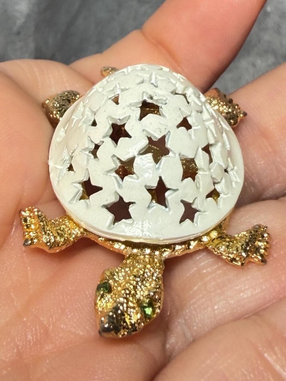 Vintage LJM Enamel Turtle Brooch White Star Cutout Figural